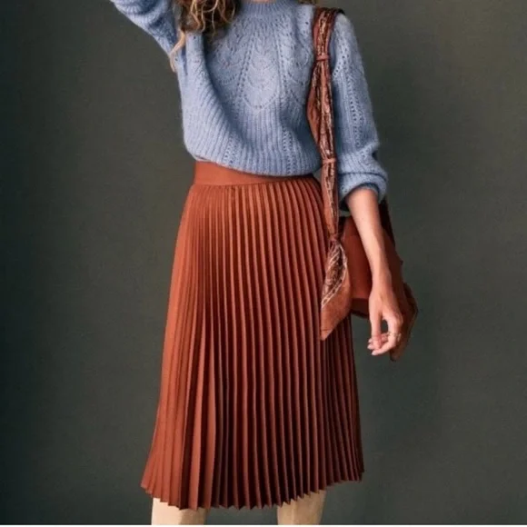 Sezane Elegant Brown Pleated Dino Skirt size 36 us size 4 - Picture 2 of 7